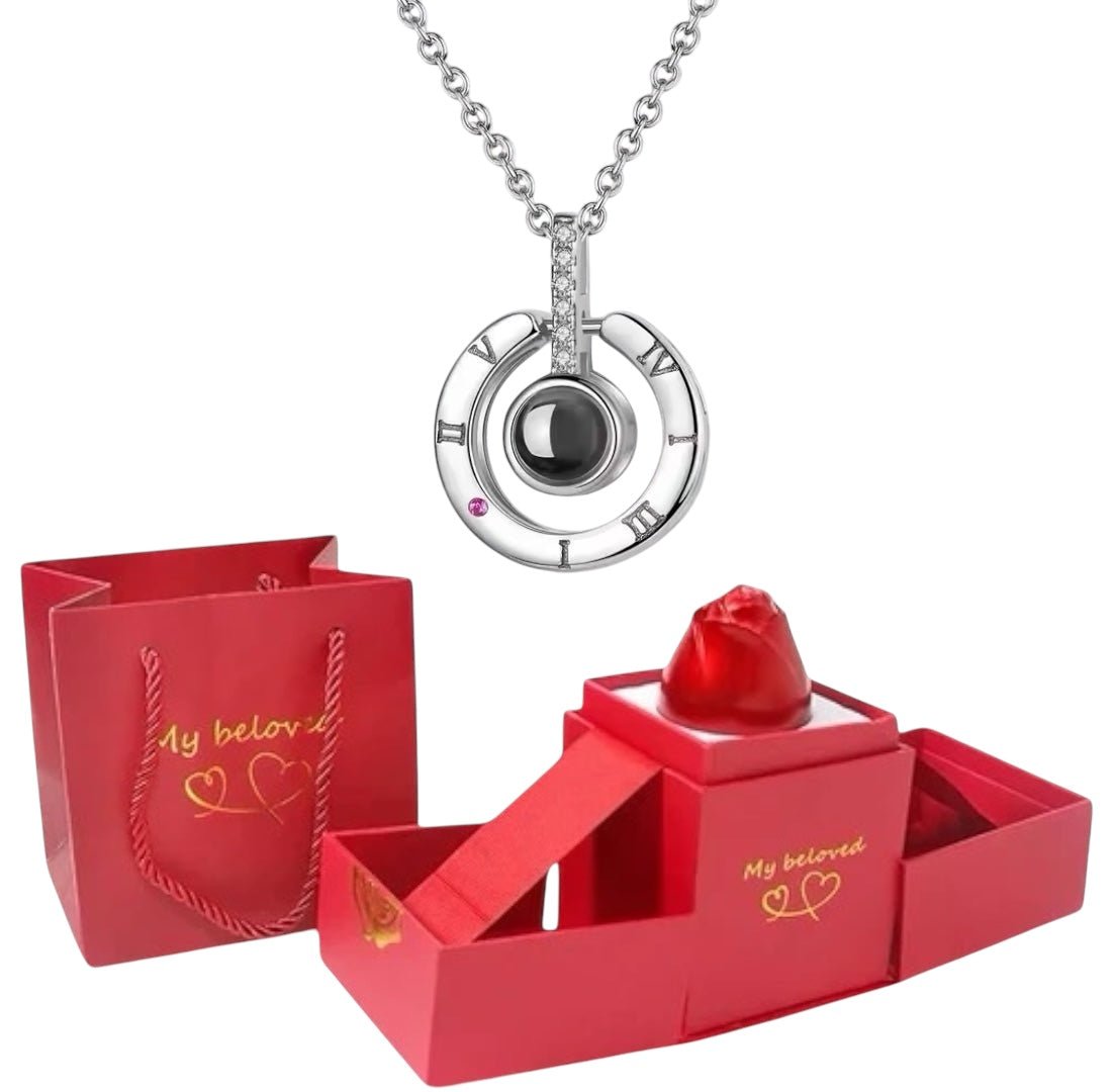Collar Mágico - Te Amo En 100 Idiomas + Caja de Rosa